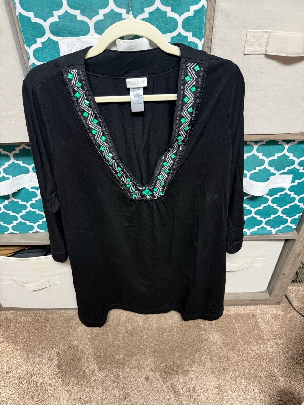DG2 by Diane Gilman Black V-Neck Tunic with Teal Embellishment Swim Coverup